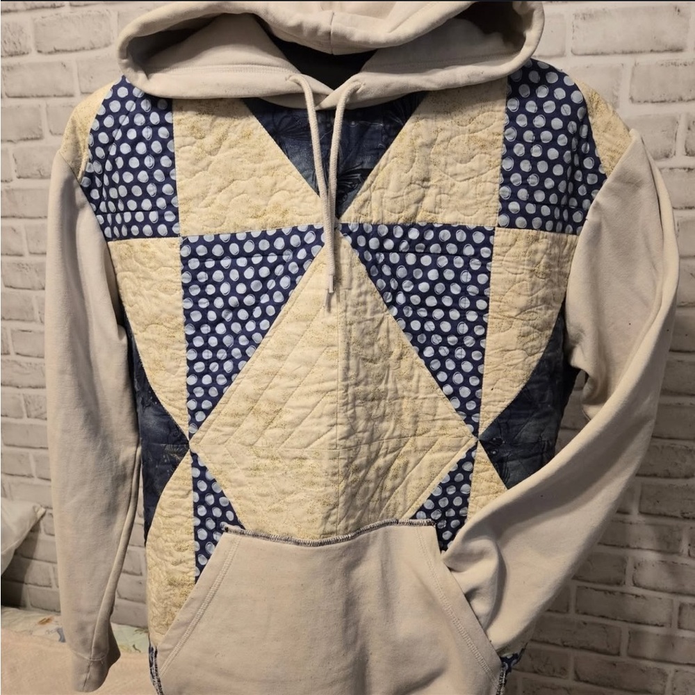 Blue and Cream Patchwork Quilted Hoodie